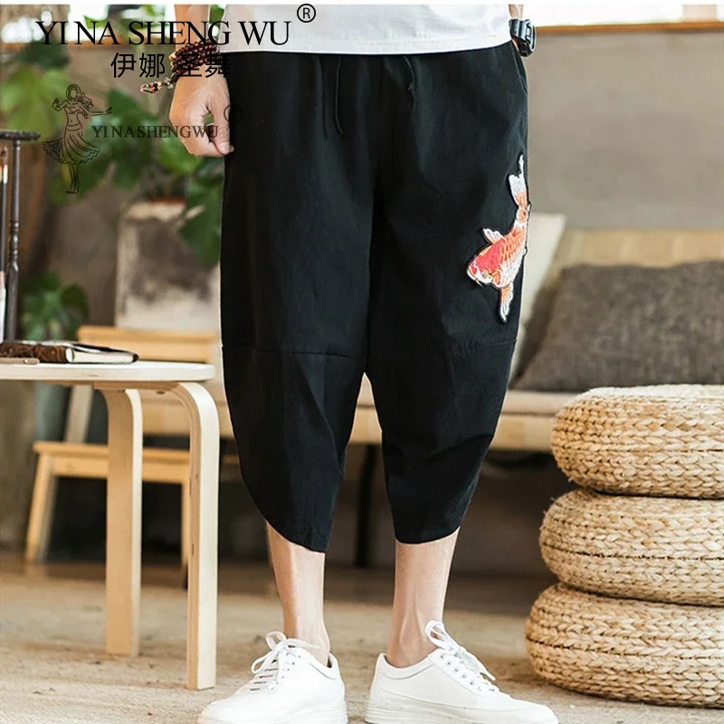 

Summer Men Carp Kimonos Japanese Style Harajuku Yukata Beam Feet Harem Pants Youth Casual Pants Asian Japan Print Male Costume