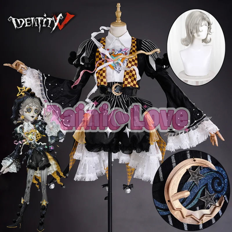 Costume de cosplay Identity V Mime Artist, nouvelle tenue Traveler of Dreams, perruque de clown, chaussures pour fête d'Halloween adulte