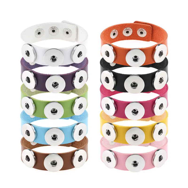 Three-Snap Colorful Pu Leather Cuff Wide bracelets Laser style charming bracelet adjustable fit 18mm snap buttons DIY jewelry