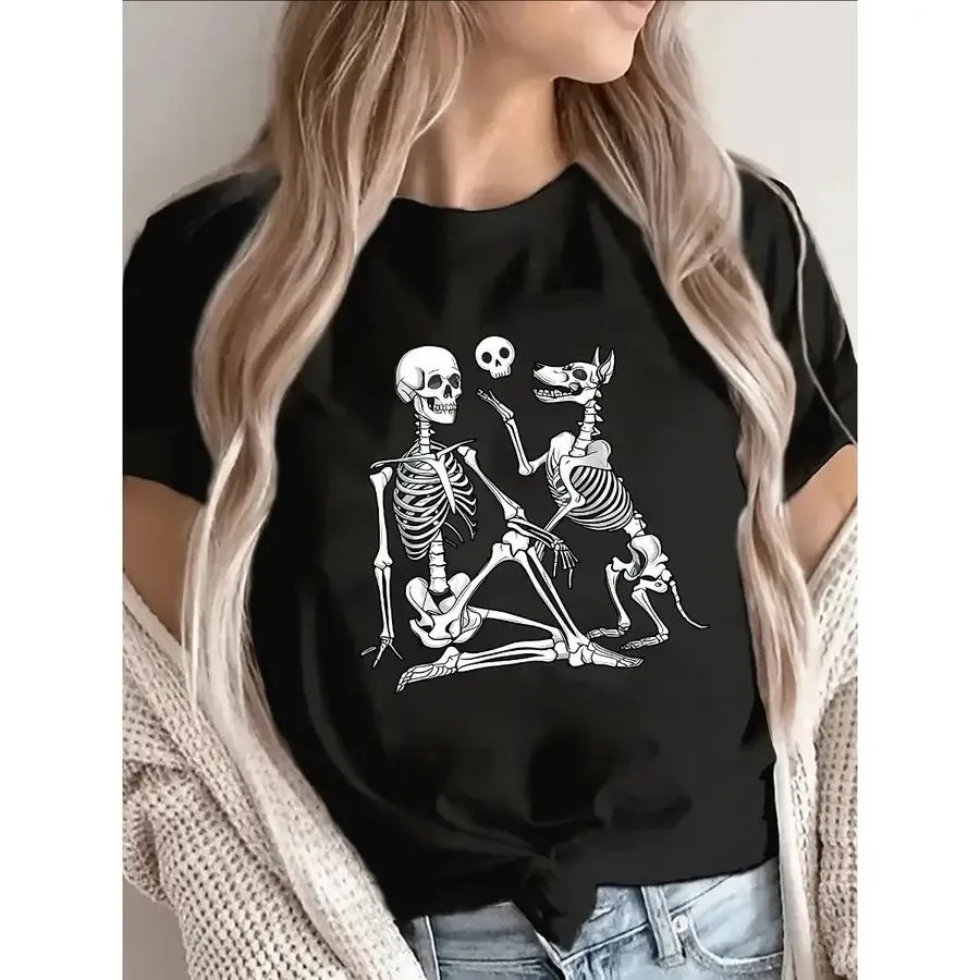 

【New style】Lightweight And Durable Short-Sleeve T-Shirt Made of Featuring a Skeleton Couple Design Perfect for Casual Outings a
