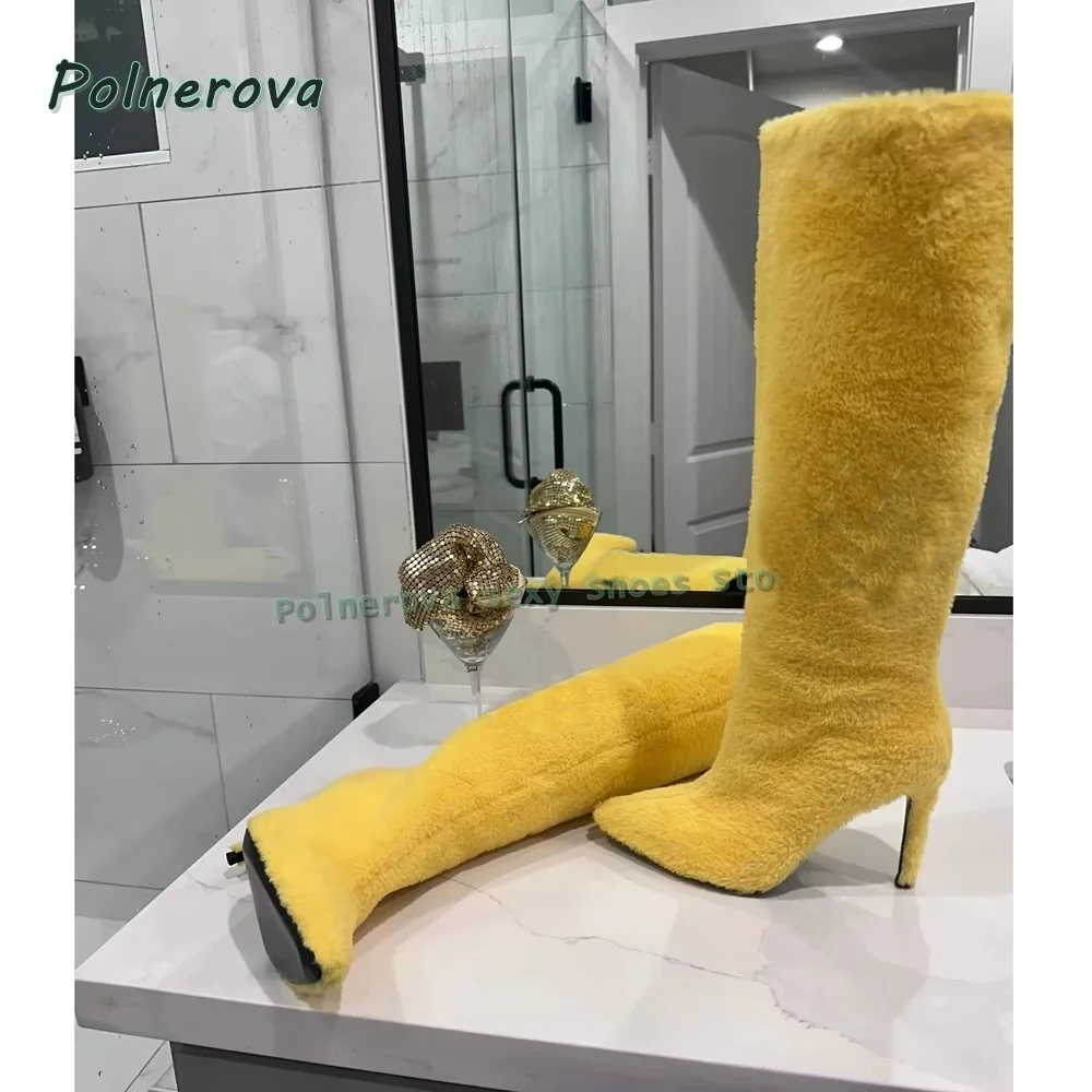 

Cartoon Smiley Face Fur Fashion Boots 2026 Winter New Arrivals Pointed Toe Stiletto Color Blocking Women Sexy Knee High Boots