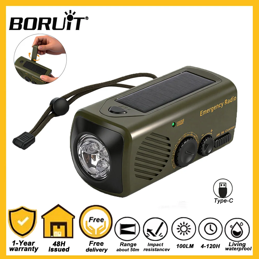 BORUiT Portable Solar Hand Crank Radio AM/FM Emergency Radio with LED Flashlight SOS Alarm USB Rechargeable for Outdoor Camping