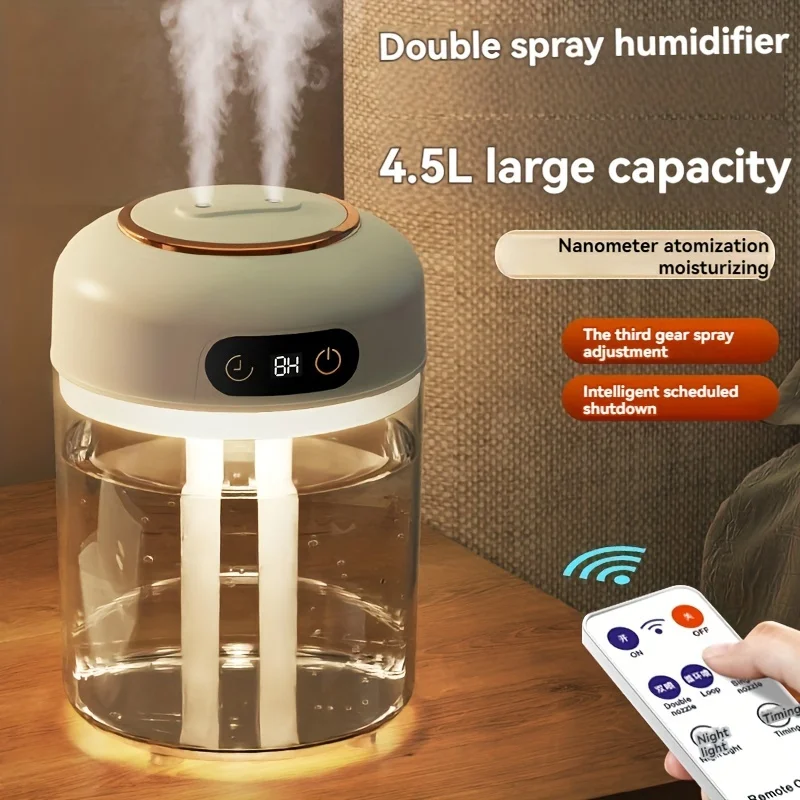 Umidificador compacto de névoa dupla com luz noturna LED - alimentado por USB, 3 modos, controle remoto, temporizador inteligente para escritório e relaxamento