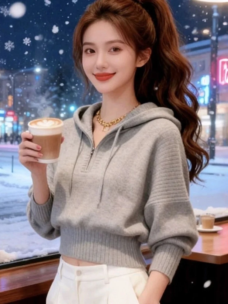 

2025 New Fashion Thickened Color Knitted Hat Casual Lazy Style Top Short Knitted Sweater Women's Winter Clothes