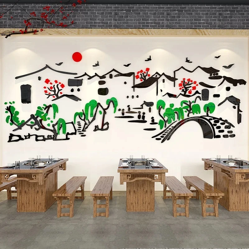 

Chinese Style Classical Architecture Restaurant Decor Wall Sticker 3D Stereo Acrylic Home Dining Room Living Room Wall Sticker