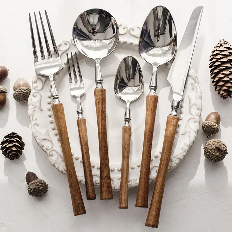 6Pcs 304 Stainless Steel Cutlery Set, Wooden Handle Dinner Fork Knife Spoon Flatware Dinnerware Tableware