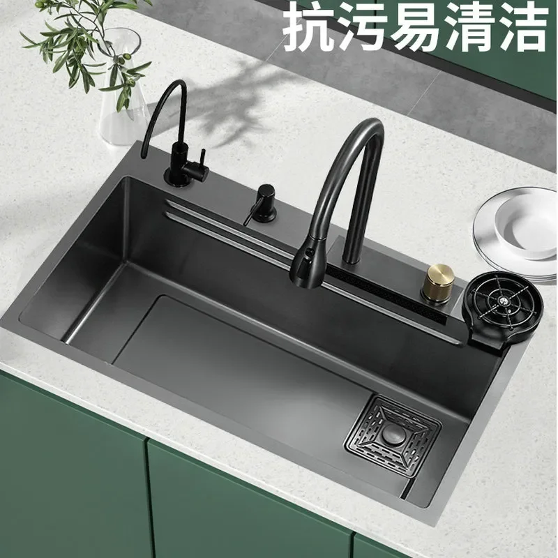 304 Stainless Steel Kitchen Sink Large Single Bowl with Pull Down Waterfall Faucet Integrated Design for Washing Vegetables