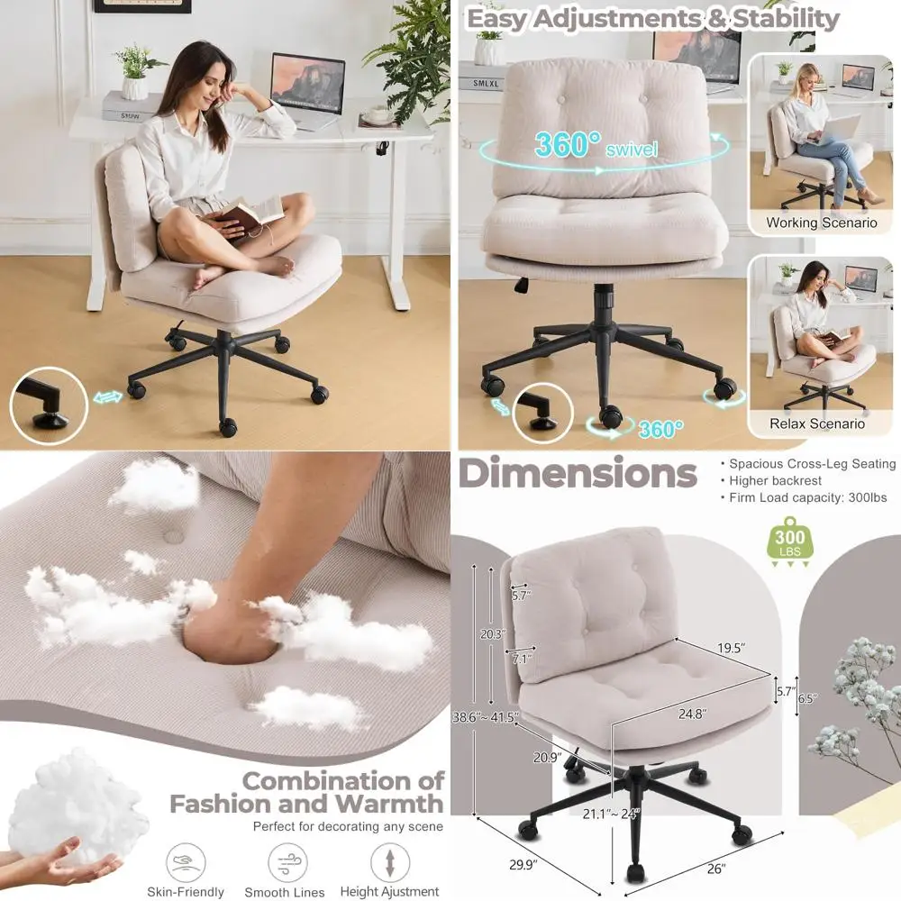 

Criss Cross Cloud Seat,Comfy Corduroy Cross Legged Office Desk Chair with/no Wheels,Cute Vanity Stool, Adjustable Wide Seat,Mod