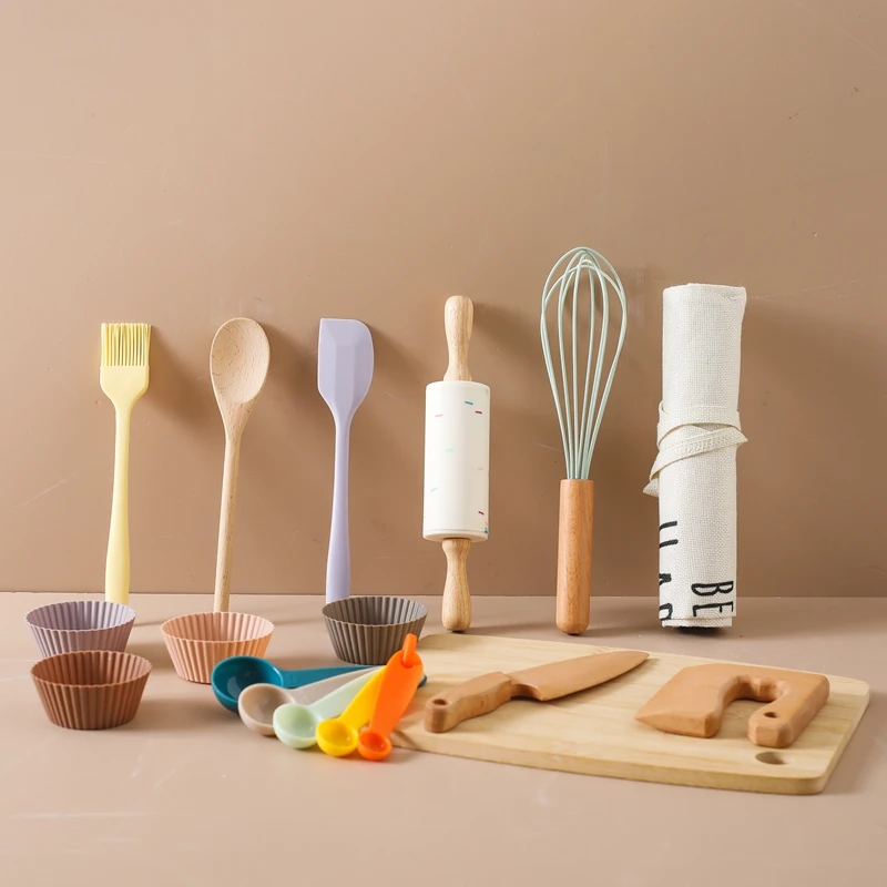 Utensilios de cocina de madera para bebé, modelo de rompecabezas, herramienta de corte de madera, espátula de silicona, juguetes educativos para niños, juguetes Montessori