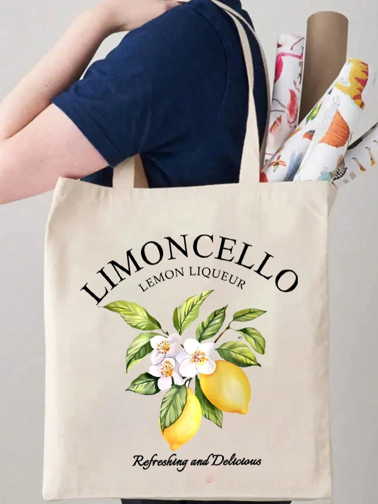 1pc Cartoon Lemon Women Shopping Bags Double Print Decor Plant Casual Canvas Shoulder Handbag for Child Gift Shopper Bag