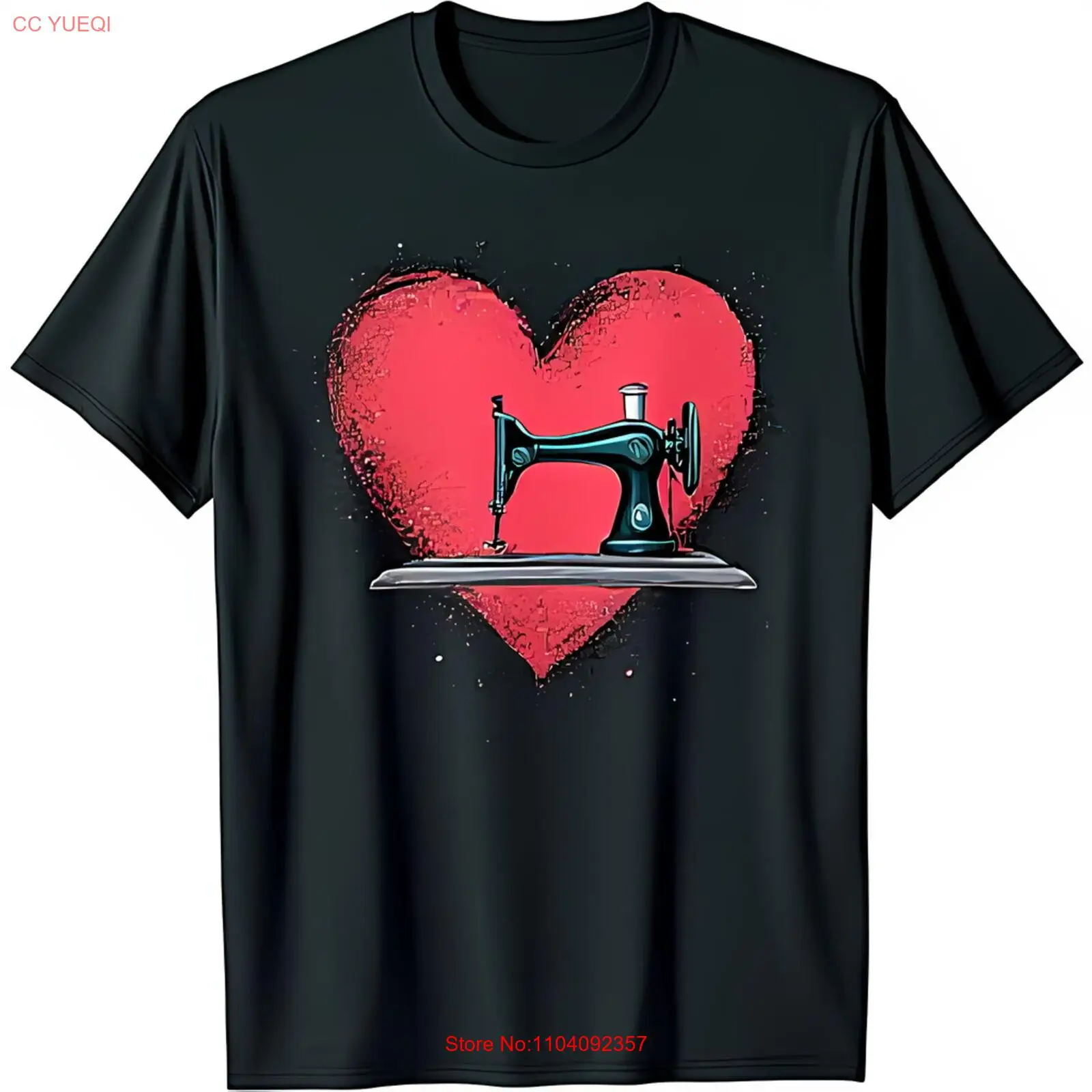 

Artistic Black T-Shirt with Vibrant Red Heart & Vintage Sewing Machine Design