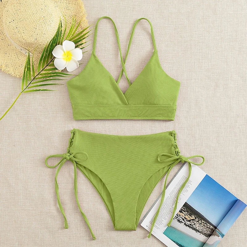 Conjunto de bikini entrecruzado con cuello en V para mujer, parte inferior con lazo lateral, ropa de playa sexy, traje de baño para vacaciones de verano