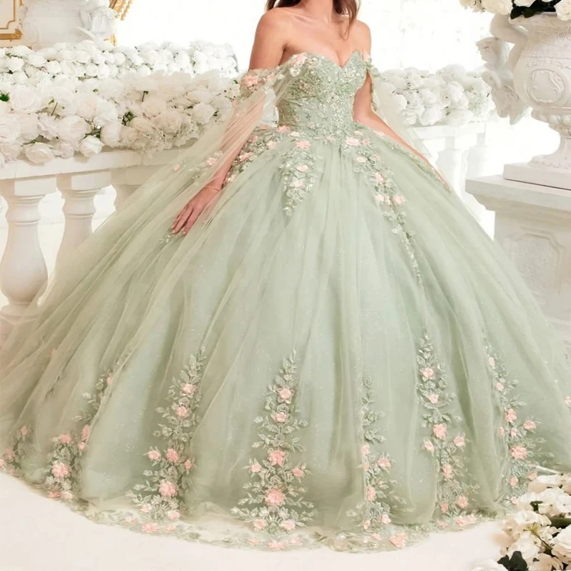 

Customized Sage Princess Ball Gown Quinceanera Dress 3D Flowers Applique Lace With Cape Sweet 16 Dress Vestido De 15 Anos YQD531