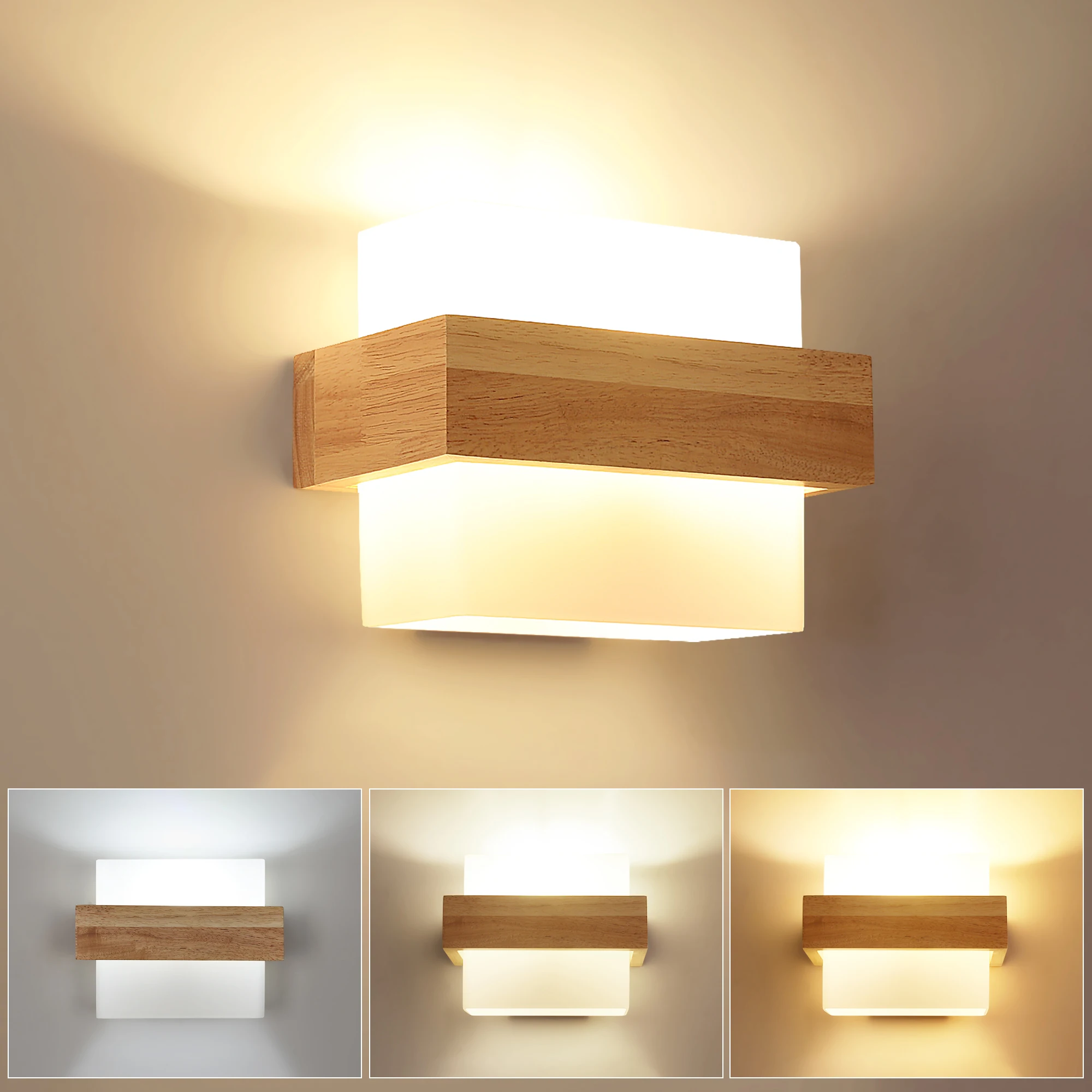 Applique murale minimaliste en bois massif, tête de lampe E27, applique murale avec abat-jour en verre pour salon, chambre à coucher, restaurant, couloir