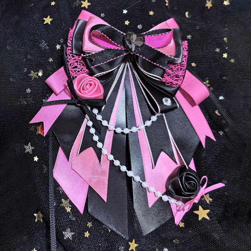 Handmade Ribbon Bows Tie Cosplay Anime Support Sticks Bow High-end Luxury Rhinestone Brooch Original Women's Shirt Collar Flower