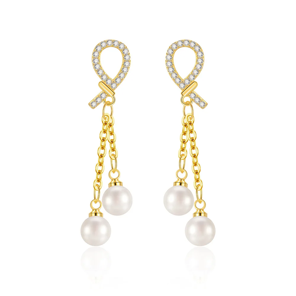 

925 Sterling Silver Light Luxury Premium Sense Knot Zircon Chain Fringed Pearl Earrings Birthday Party Anniversary Gift