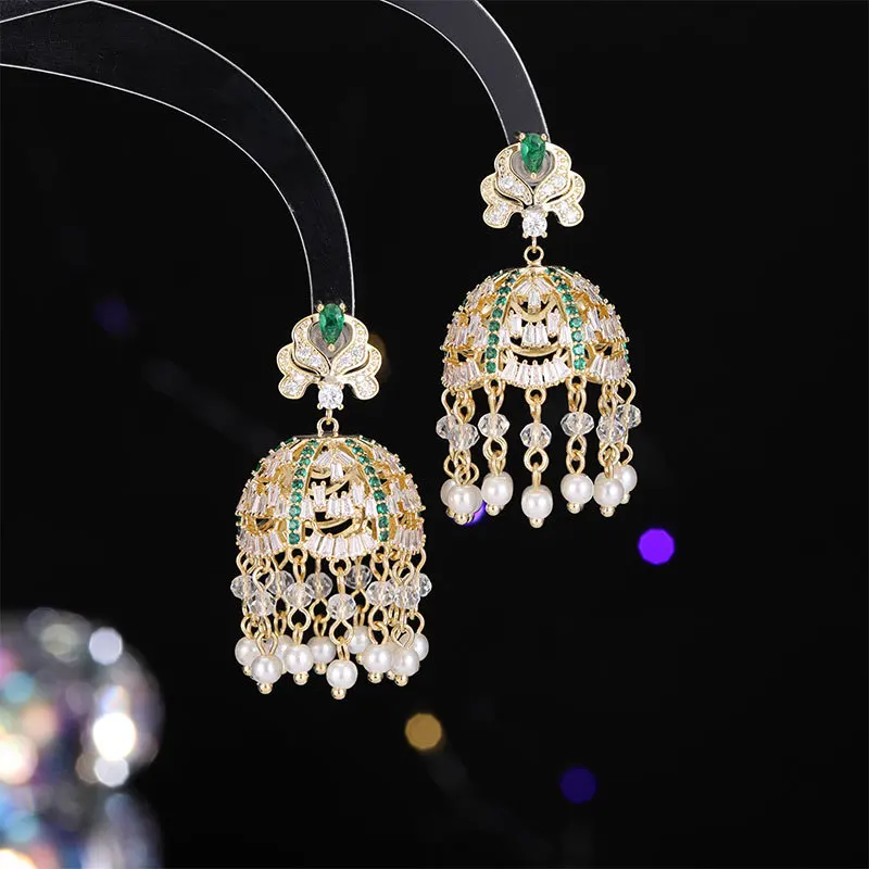 

National Exotic Style Palace Retro Zircon Copper Women Earring Light Luxurious Tassels Creative Three-dimensional Bell Earrings