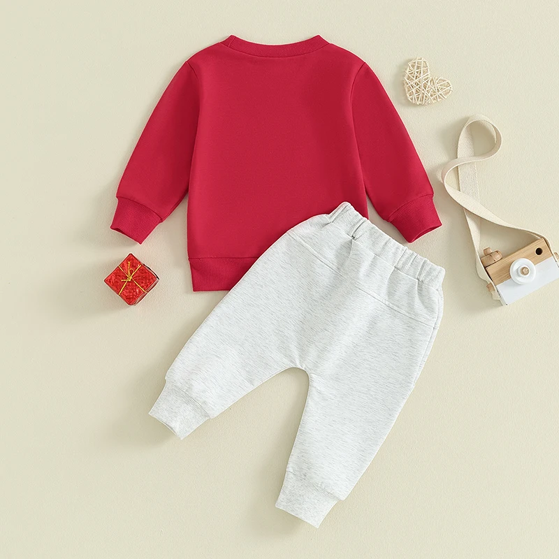 Baby Boys Pants Set Long Sleeve Crew Neck Letters Print Sweatshirt with Elastic Waist Sweatpants Valentine’s Day Outfit