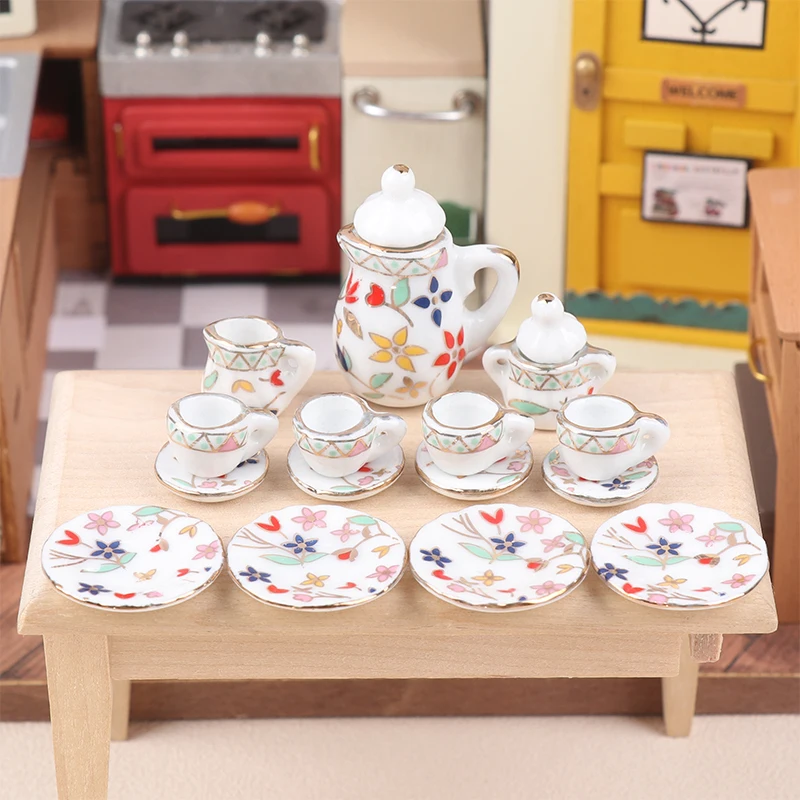 Girls Toys Tea Game Miniature Tea Set Dollhouse Furniture 15Pcs 1:12 Porcelain Cups Flower Tableware Kitchen Decorative Teapots