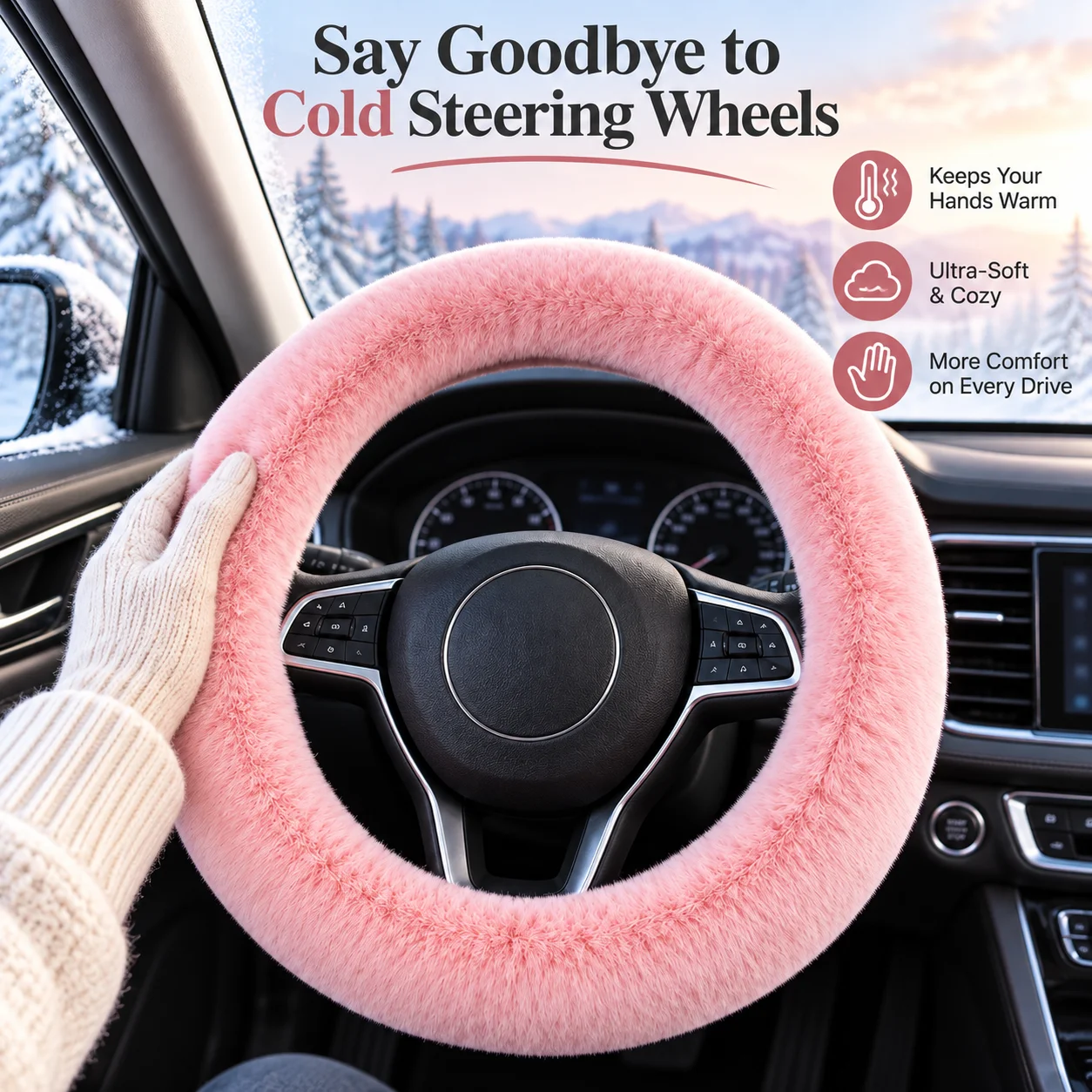 Faux Rabbit Fur Steering Wheel Cover 38cm Winter Warm Soft Plush Non-Slip Universal Car Auto Grip Protector for Most Vehicles