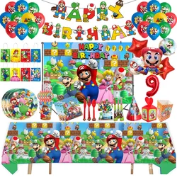 Decoración de fiesta de cumpleaños de Mario Para Niños y Niñas, suministros de vajilla, taza, mantel, globos, adornos para pasteles, telón de fondo