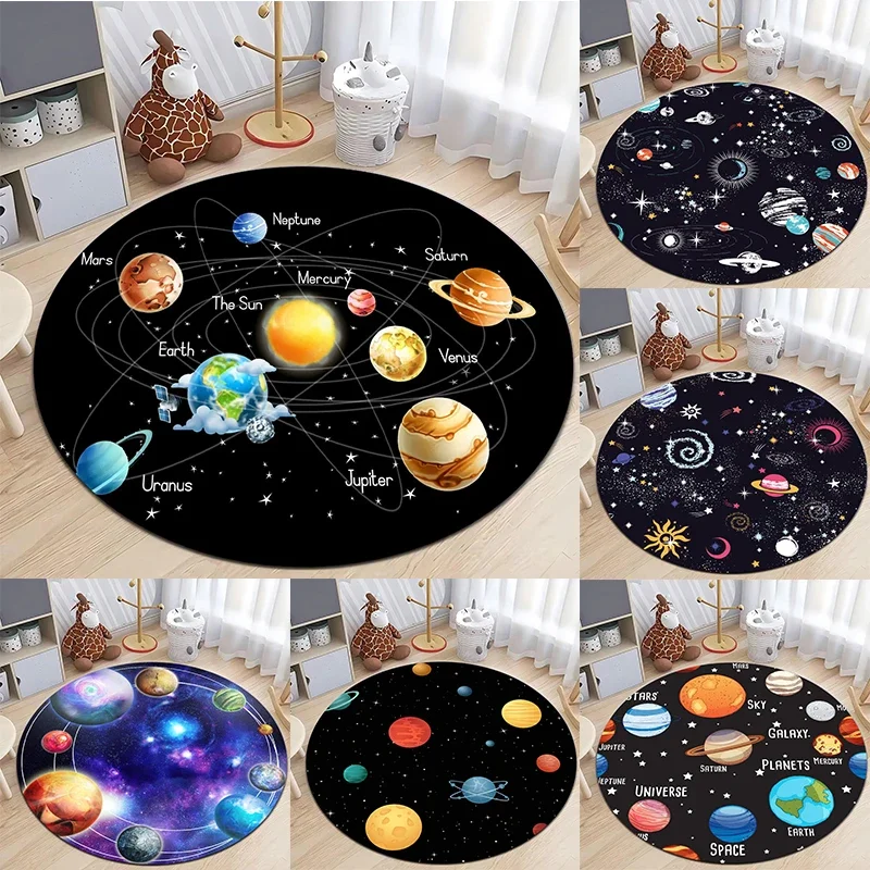 Outer Space Planet Print Round Carpet Bedroom Rug Computer Chair Swivel Floor Mat Living Room Cartoon Children's Room Floor Mat