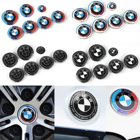 BMW 자동차 배지 로고에 적용 가능한 7개 세트: 전면 후드 로고 82mm+ 후면 로고 74mm+ 휠 커버 68mm+ 스티어링 휠 스티커 45mm.