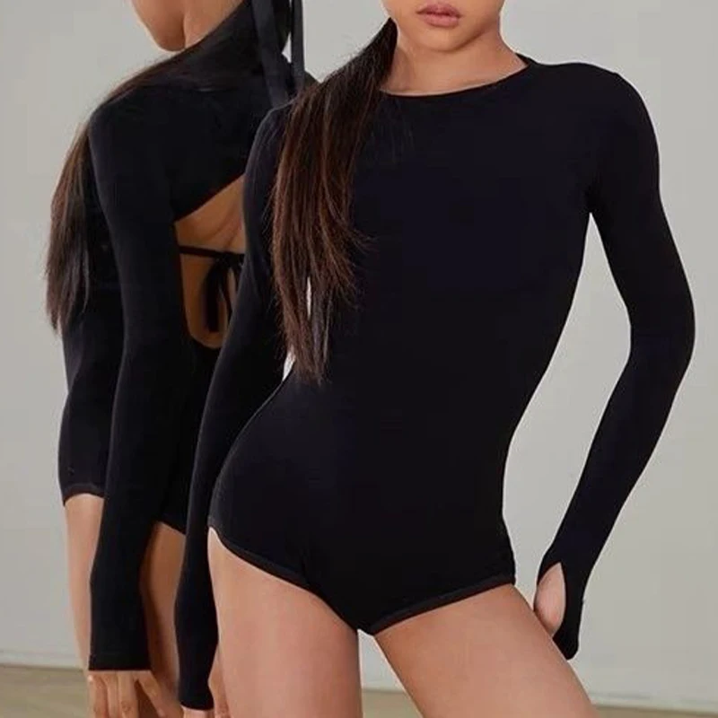 Ensemble de 2 pièces Costume de danse latine noir justaucorps de danse dos nu et jupe latine-pour 140-180 cm filles/femmes Rumba Samba danse latine