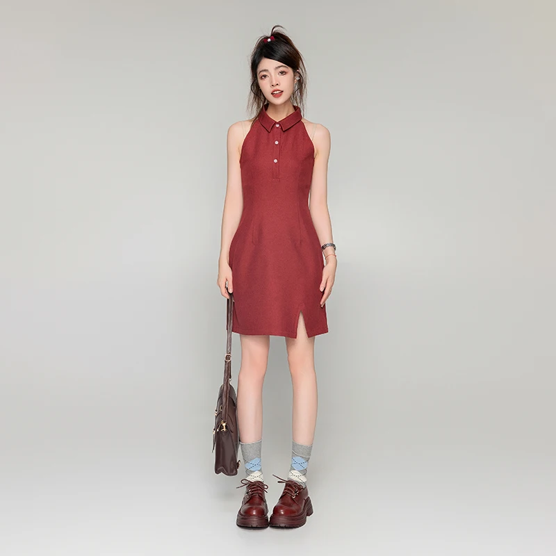 2024 Spring Summer Fashionable Single Row Button Dress Two-Piece Sets Women Color Plaid Short Top Sleeveless Lapel Halter Dress