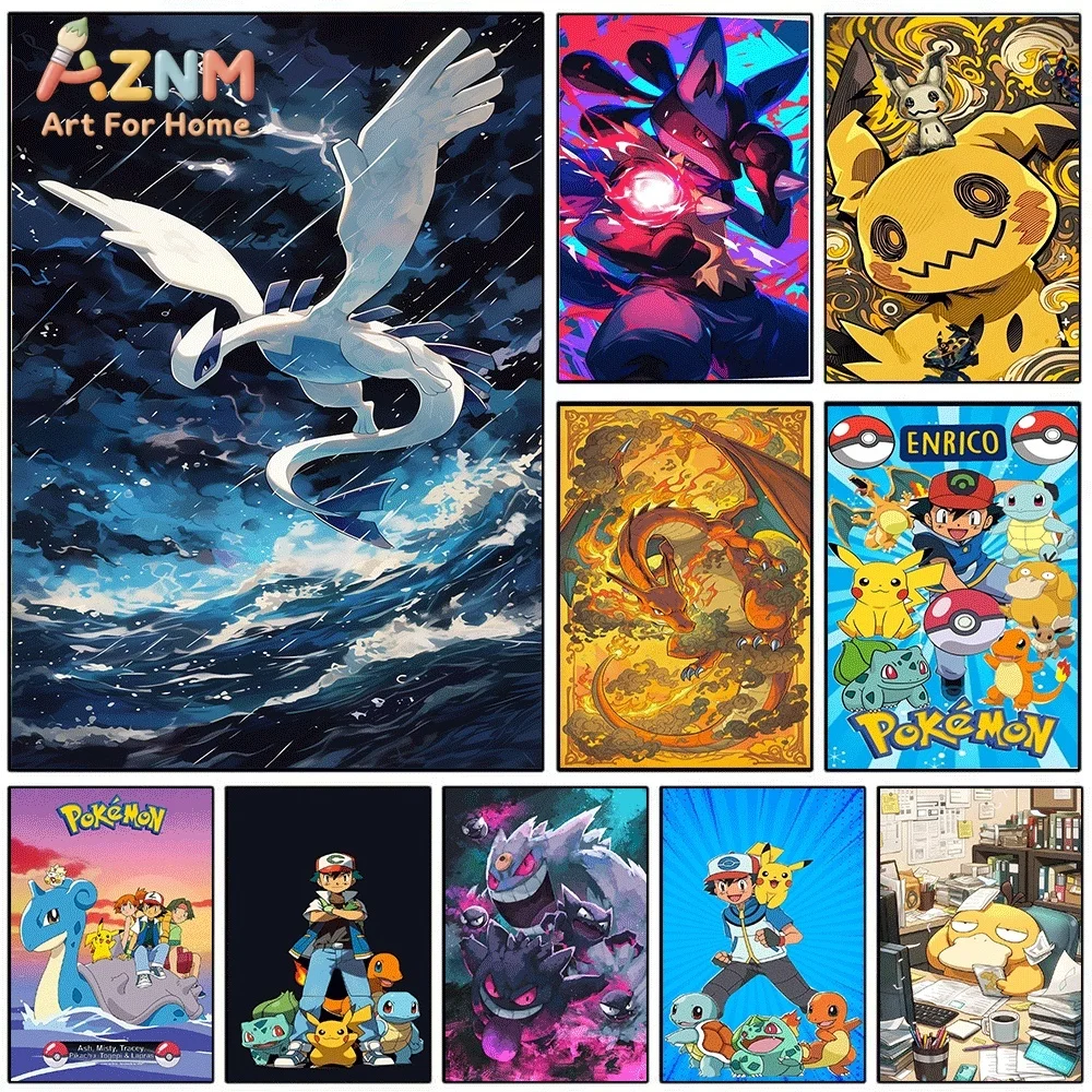 AZNM Lugia Legendary Flying‑Sea Monster Storm Ocean Scene Canvas Wall Print, Pokemon Anime Art Poster, Unframed Canvas Paintin