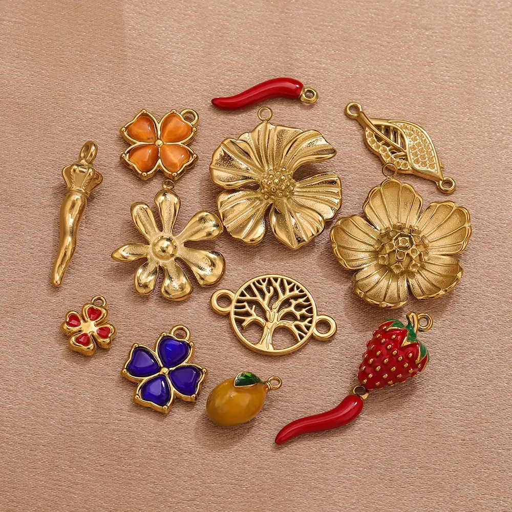2/4/5PCS Stainless Steel Flower Strawberry Charms DIY Chili Fruit Pendant Jewelry Connector Bracelet Necklace Making Accessories