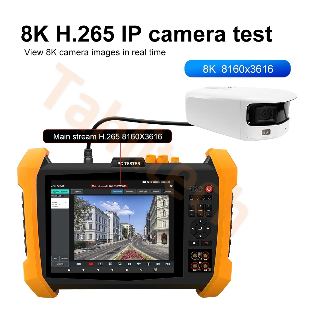 8K CCTV IPC Tester Dual Gigabit SFP optical fiber module ports 8MP CVI TVI AHD SDI IP Cam Tester 55V PoE++ power output VGA HDMI