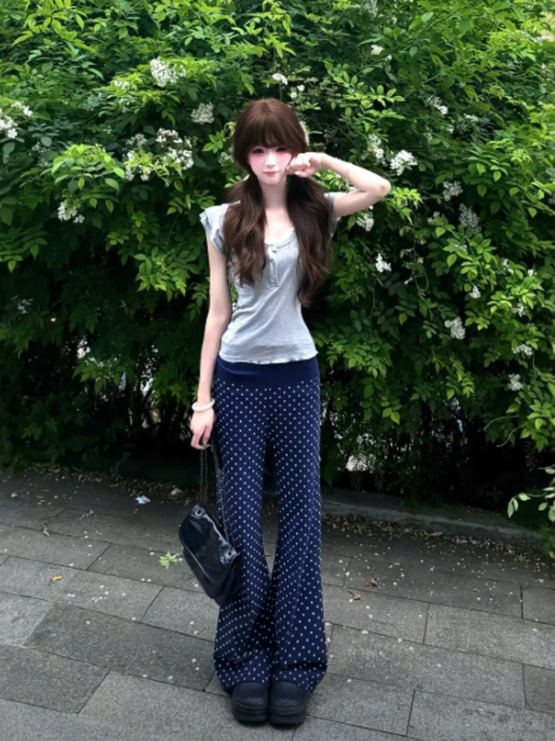 

Fashionable Elegant Polka Dot Casual Pants Two-Piece Set Youthful Summer Outfit Cotton Short Sleeve T-Shirt And Pants Ensemble