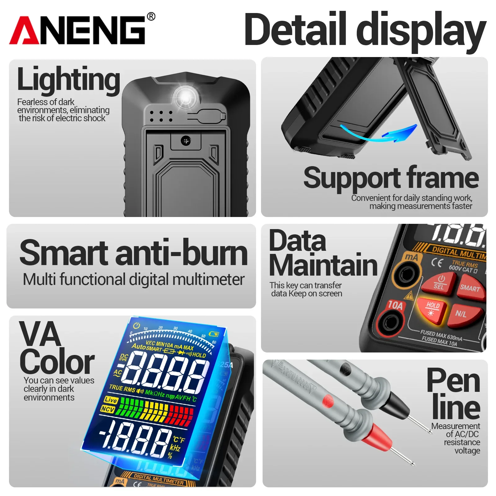 ANENG 625A Rechargeable Multimeter Fully Automatic Anti Burn 1000V Voltage 10A Current VA Color Screen Electrician Repair Tool
