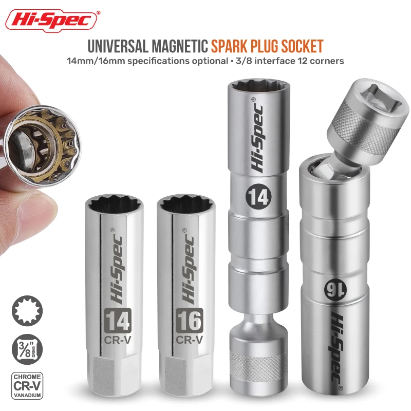 Hi-Spec Universal Magnetic Spark Plug Sleeve Universal Joint With Magnetic Flexible Thin-Walled 3/8 
