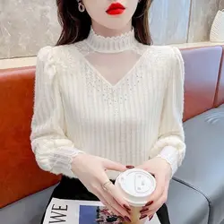 Half Turtleneck Brushed Lace Bottoming Shirt Women's Fashion Retro Top Autumn and Winter New Style Foreign Style Noble Pullover