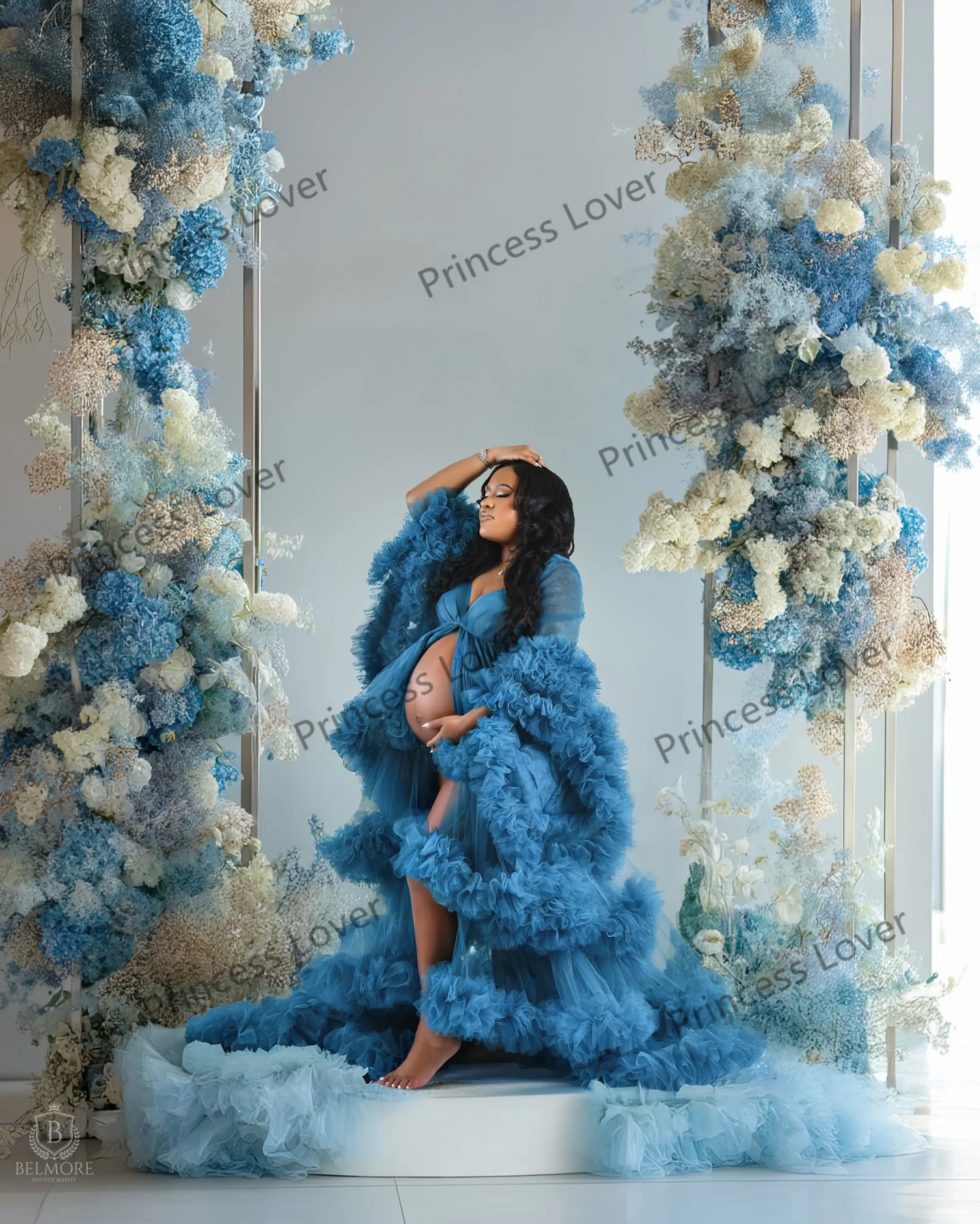 Blue Prom Dresses Plus Size Long Sleeves Maternity Photoshoot Dress Tulle Ruffles Baby Shower Gown Photography Props Customized image 2