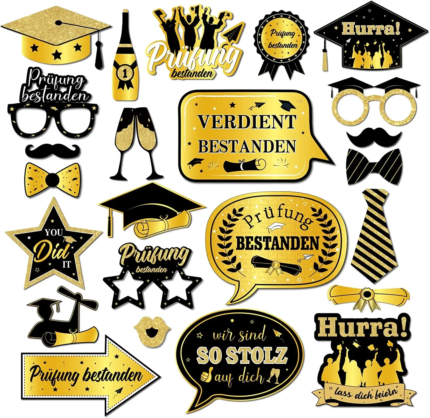 Kreatwow-Photo Booth Props, Black and Gold, Bachelor Cap, Mix Badge, Incentive Champagne, Graduation Party Decoration, 24Pcs