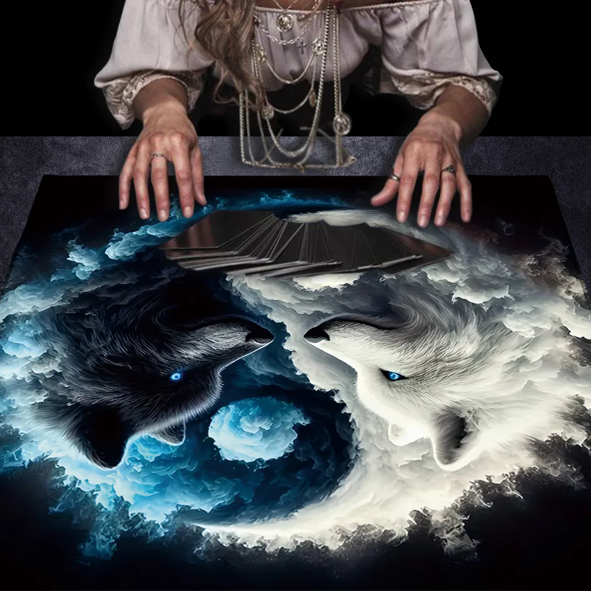 50/75/110/cm Tai Chi Double Wolf Table Cloth Divination Tarot Altar Cloth Card Game Reading Spread Out Waterproof Polyester Mat