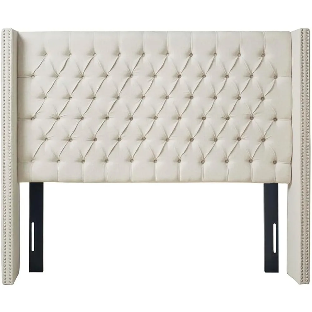 Amelia Upholstered Headboard | Nail Head Trim Wingback Button Tufted | Queen, Cream