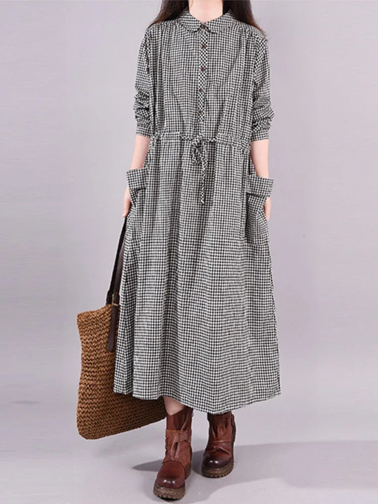 

Pop Dresses For Women Loose Stitching Cotton And Linen Plaid Long-sleeved Dress Women's Lace-up Waist Midi Skirt Elegantly