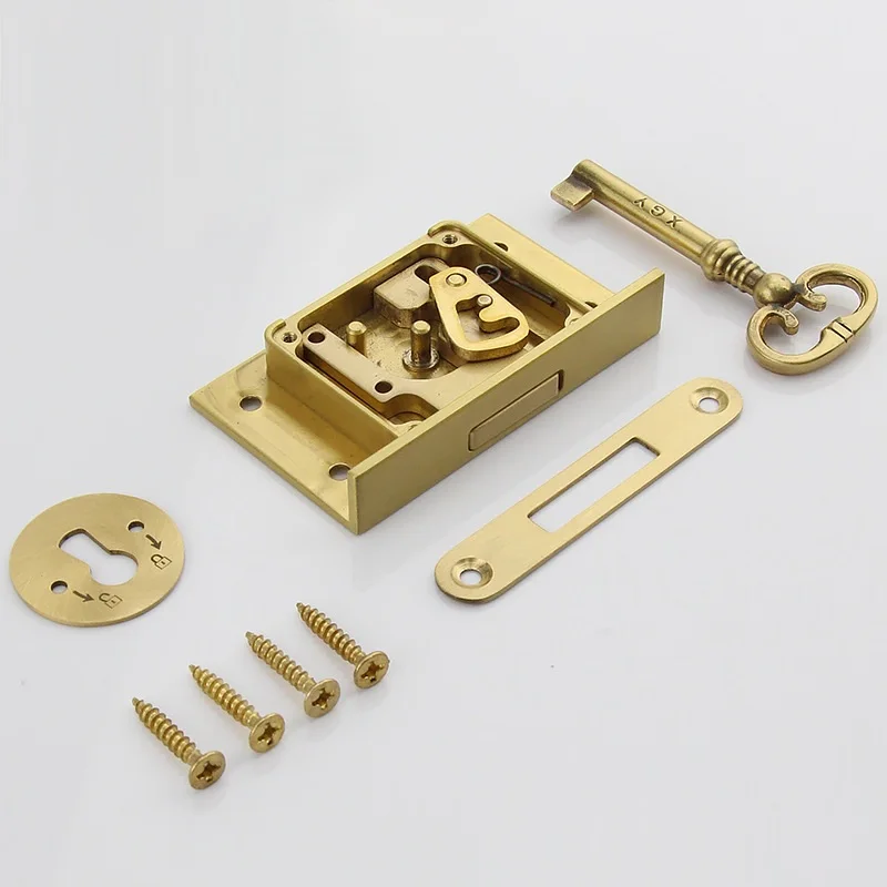 1Pc Vintage Antique Brass Cabinet Drawer Lock With Hades Key