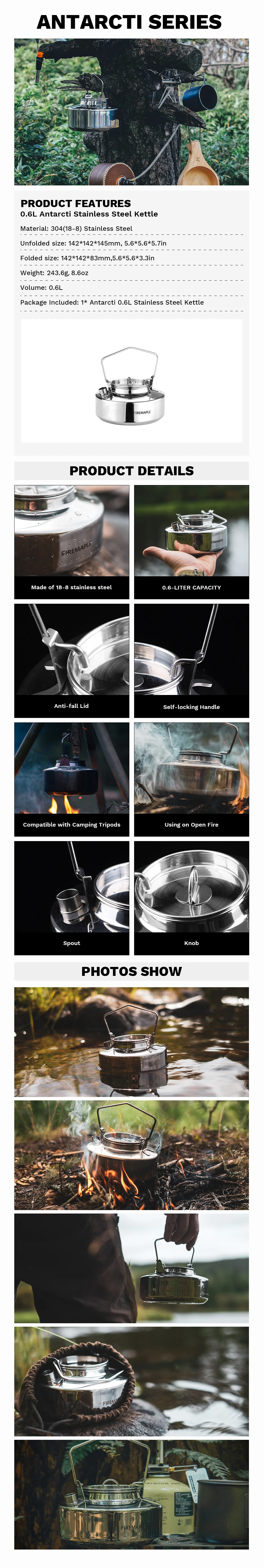 Fire Maple Antarcti Stainless Steel Backpacking Camping Kettle Bushcraft Outdoor Durable Teapot S304 0.6/1.0/1.2/1.5L 295g