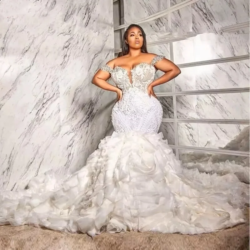 

African Off Shoulder Wedding Dresses for Bride 2024 Luxury Mermaid Lace Beaded Crystal Ruffle Bridal Gowns Plus Size Customized