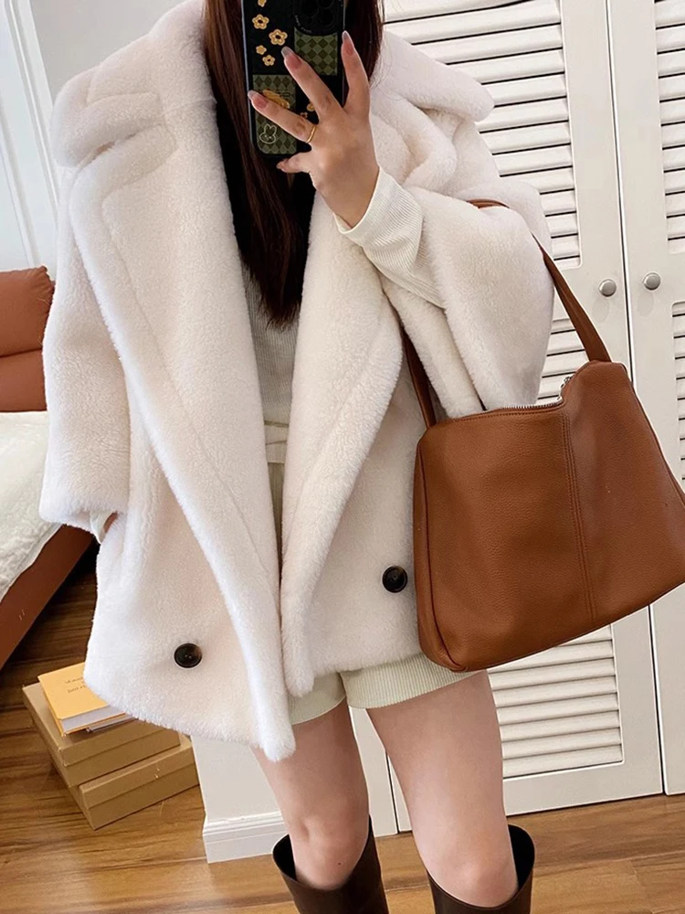 LANMREM Short Lamb Wool Coat For Women Lapel Collar Loose Sleeves Solid Color Female Luxury Warm Clothing 2024 Winter 2DA8020