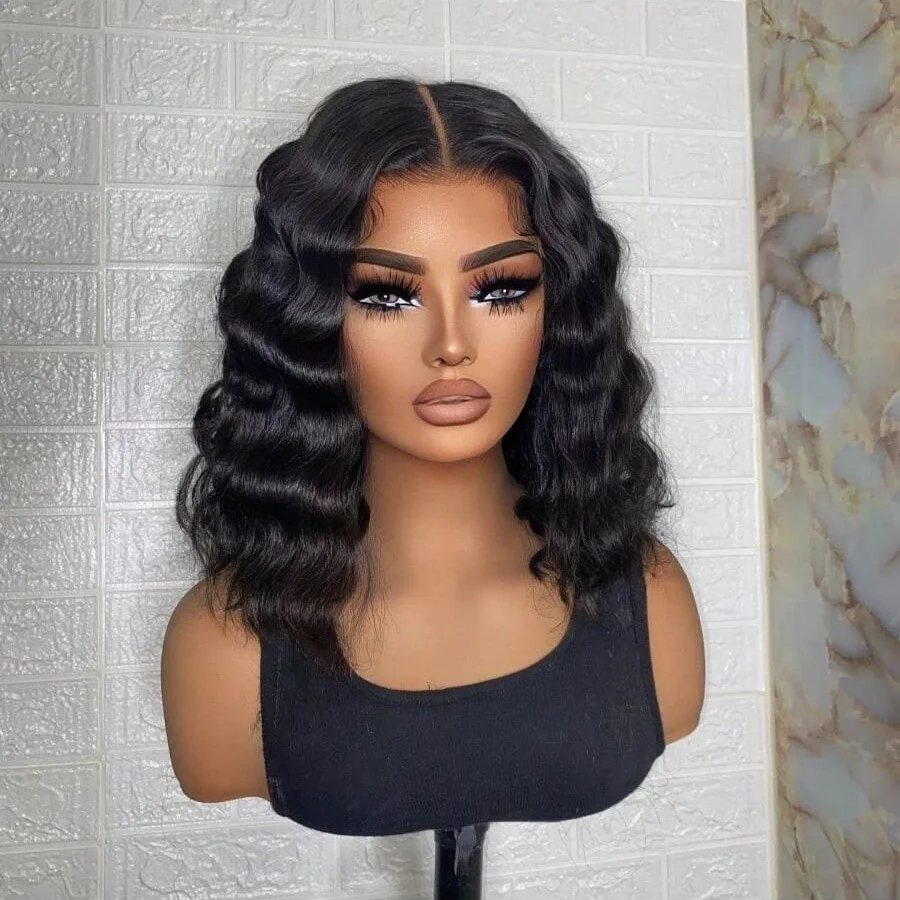 200% Peluca Bob de onda profunda corta de 14 pulgadas cabello humano prearrancado con pelo de bebé pelucas frontales de encaje 13X4 pelucas de encaje transparente HD