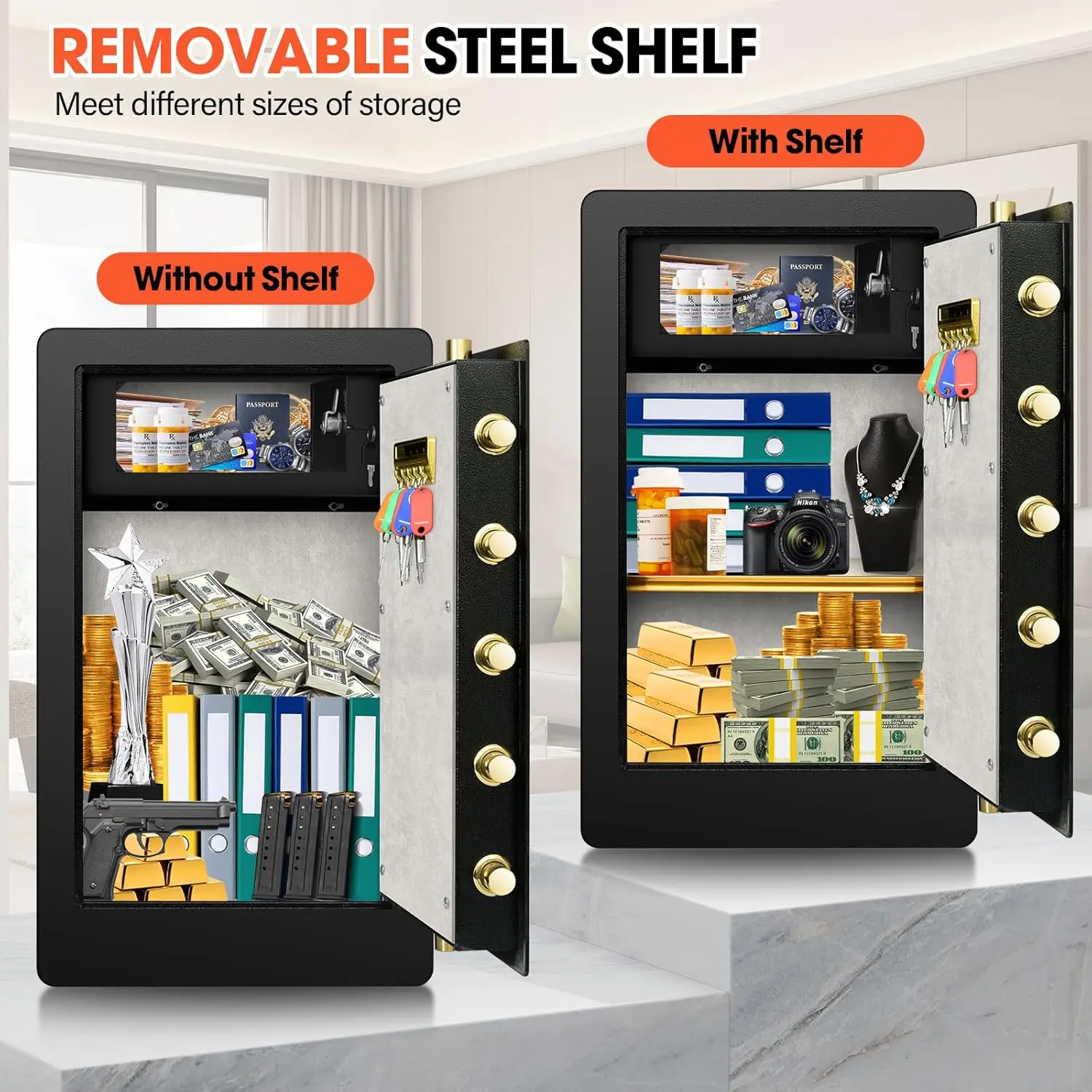 5.1Cuft Extra Large Heavy Duty Safe Box, Home Safe Fireproof Waterproof with Double Safety Key Lock and Separate Lock Box, Anti-