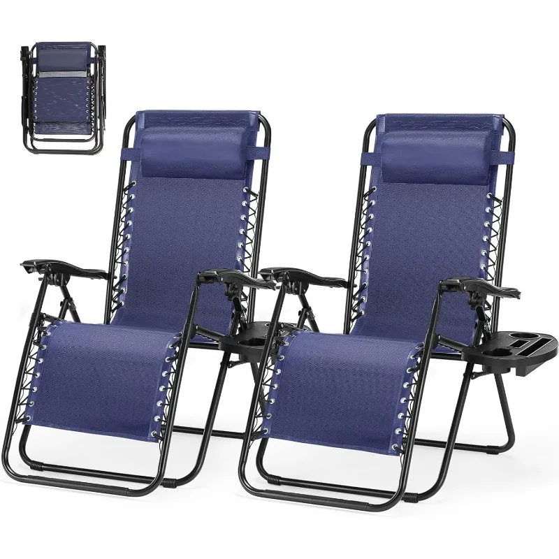 

Folding Zero Gravity Chair, Set of 2 Outdoor Lounge Chairs, Portable Reclining Camping Chair with Adjustable Pillow and Cup