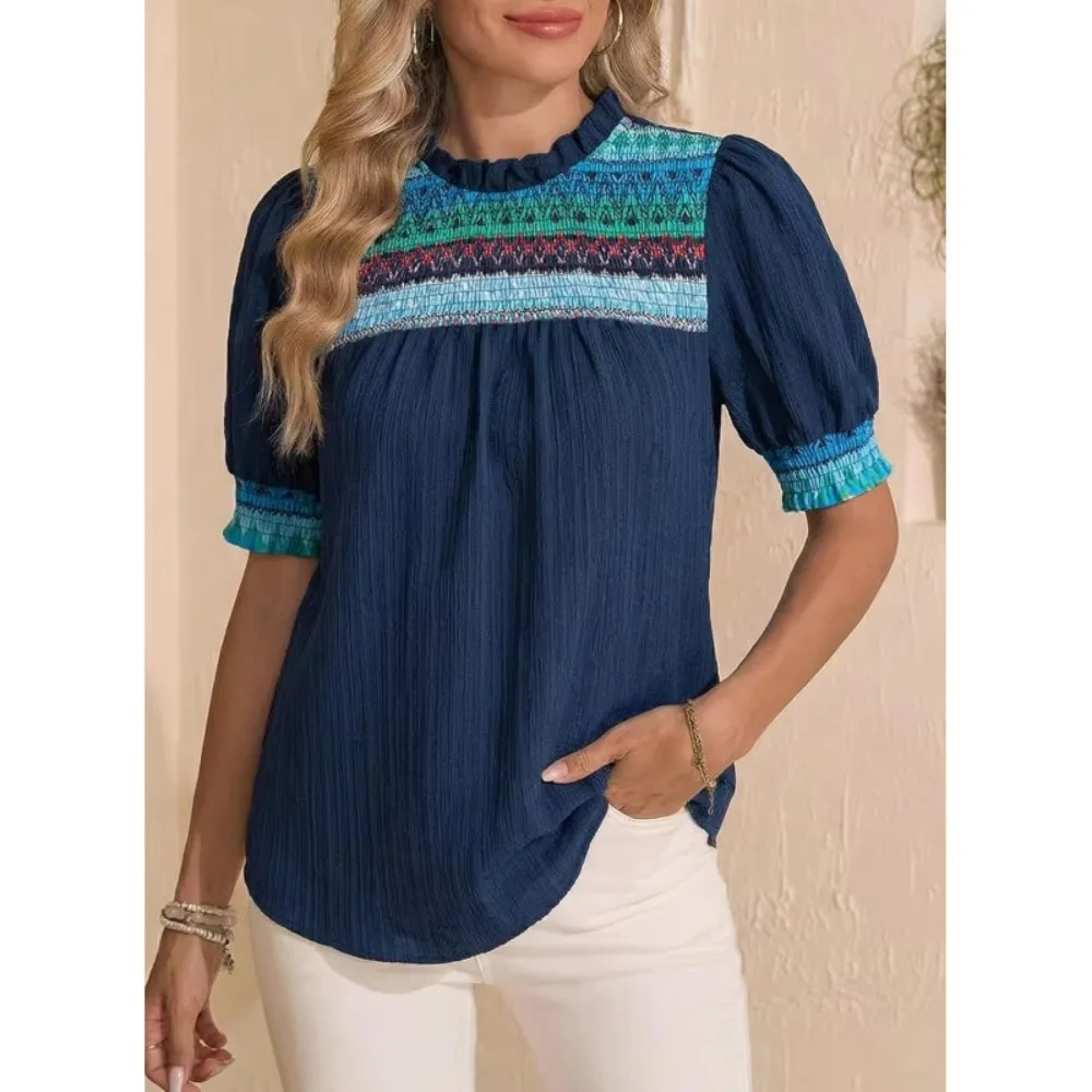 Women Round Neck Embroidered Puff Sleeve Blouse, Boho Casual Top Soft Breathable Flowy Flattering For Daily Vacation New Arrival