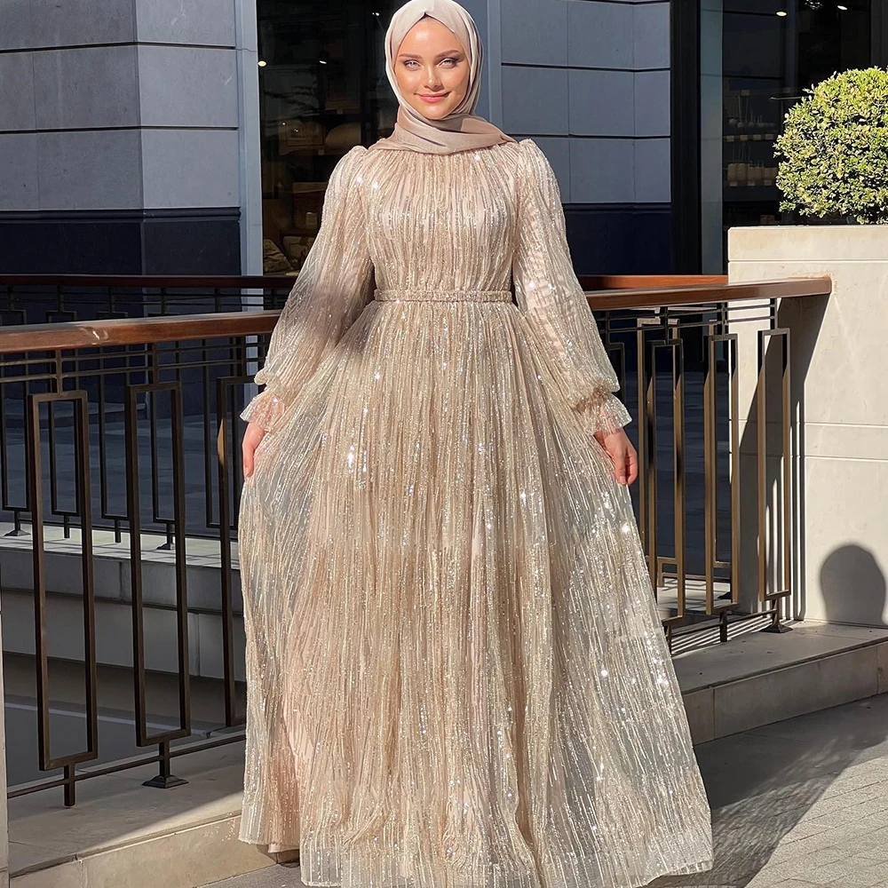 

Middle Eastern Style A-line Prom Gown Long Sleeve Pleat Exquisite Evening Dresses Sparkly Muslim Clothing فساتين سهرة فخمه